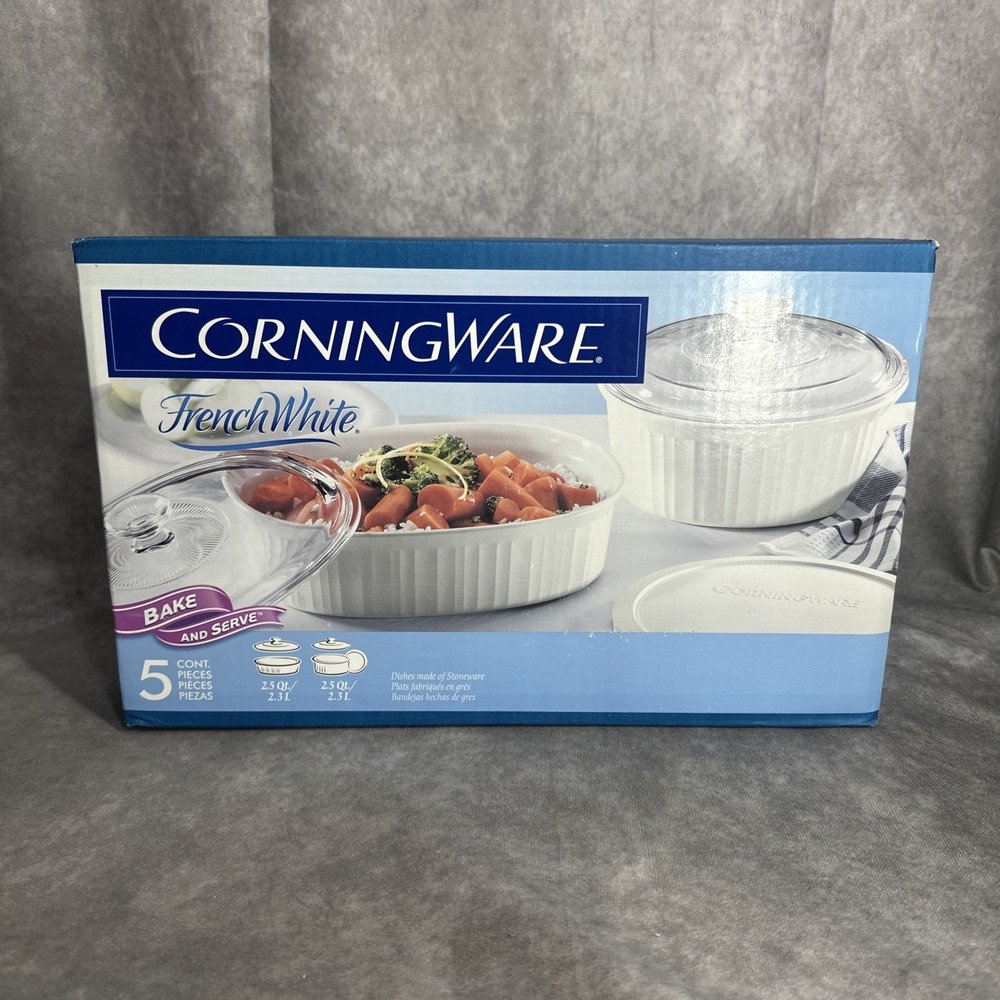 Vintage New Corning Ware French White Bake & Serve 2.5 Qt Casserole Dish Lids